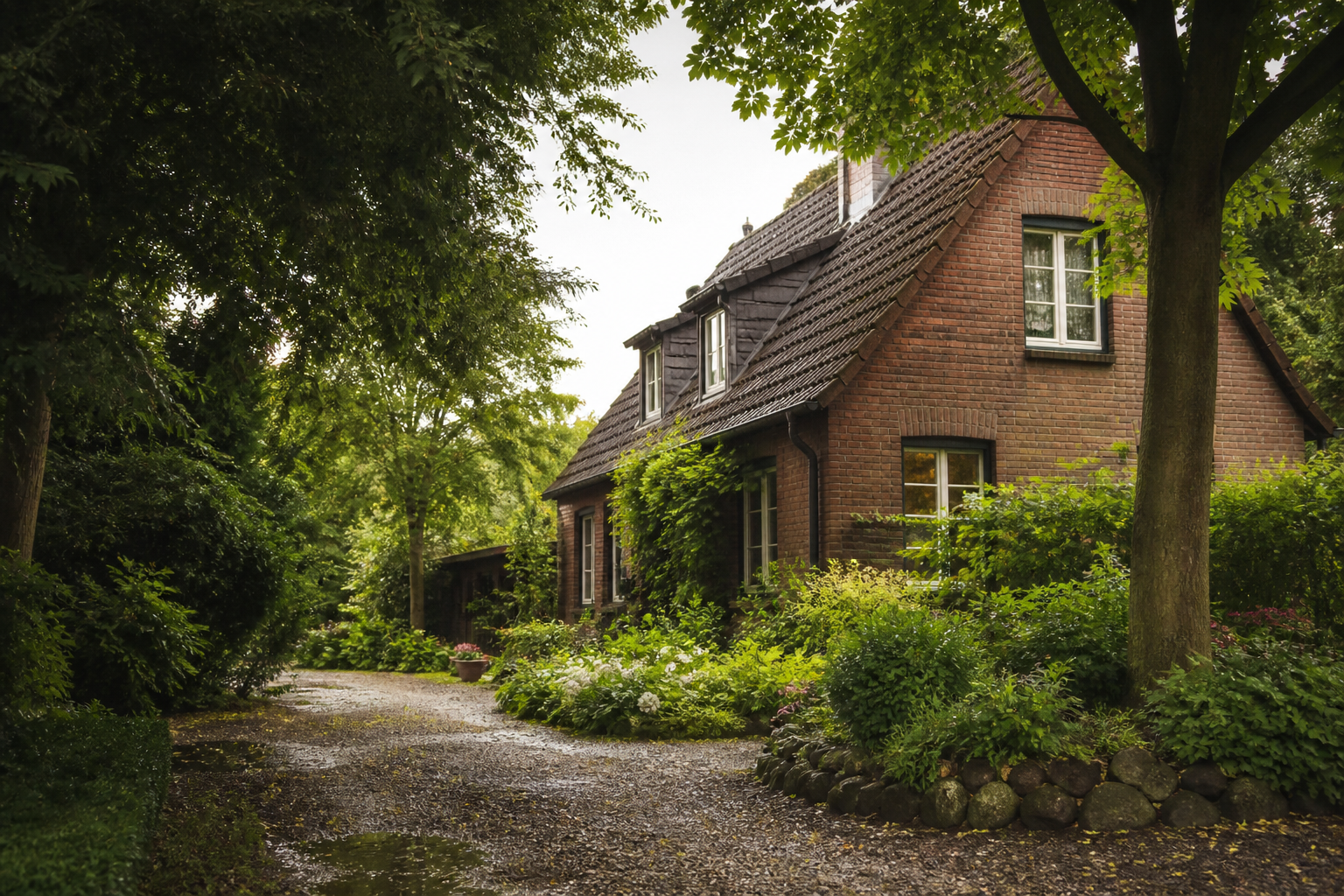KI-Motiv eines Hauses mit Garten, generisch und ohne realen Stuttgarter Objektbezug